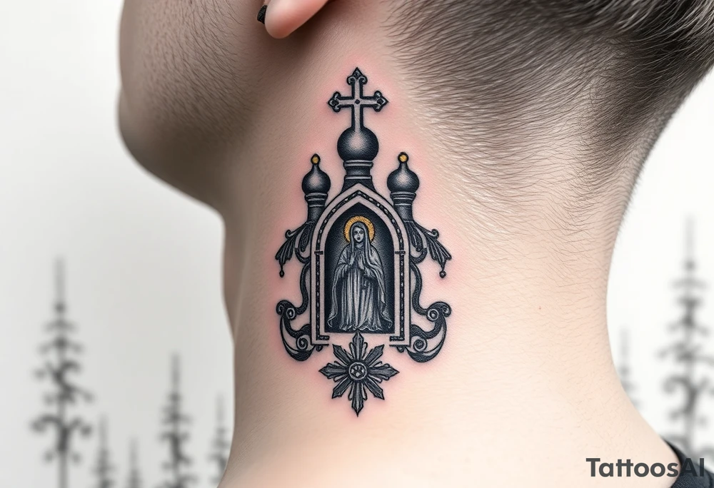 russian coat arms traditional christian orthodox cross with a virgin mary stood in the entrance of a russian orthodox dome church on the side of the neck in a wilderness setting tattoo idea