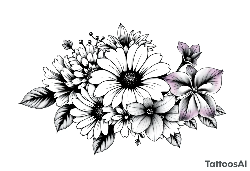 Honeysuckle, marigold, chrysanthemum, and violet bouquet tattoo idea