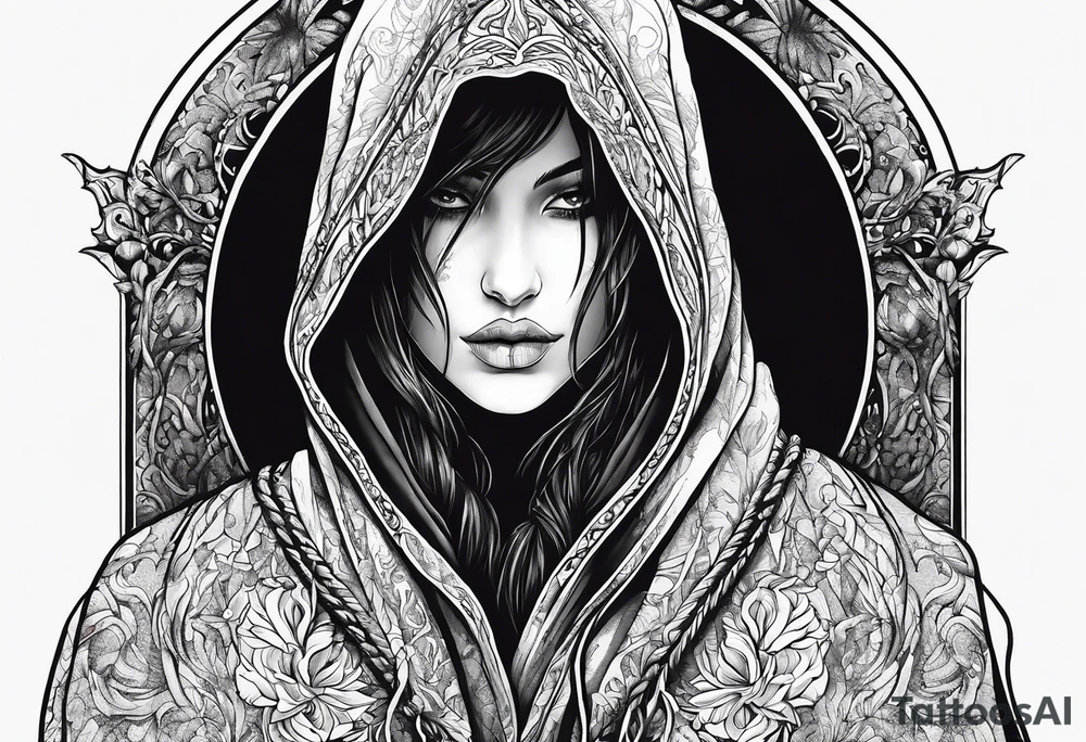 Hooded figure with no face carrying staff and wearing a long tattered cloak tattoo idea
