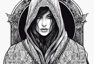 Hooded figure with no face carrying staff and wearing a long tattered cloak tattoo idea