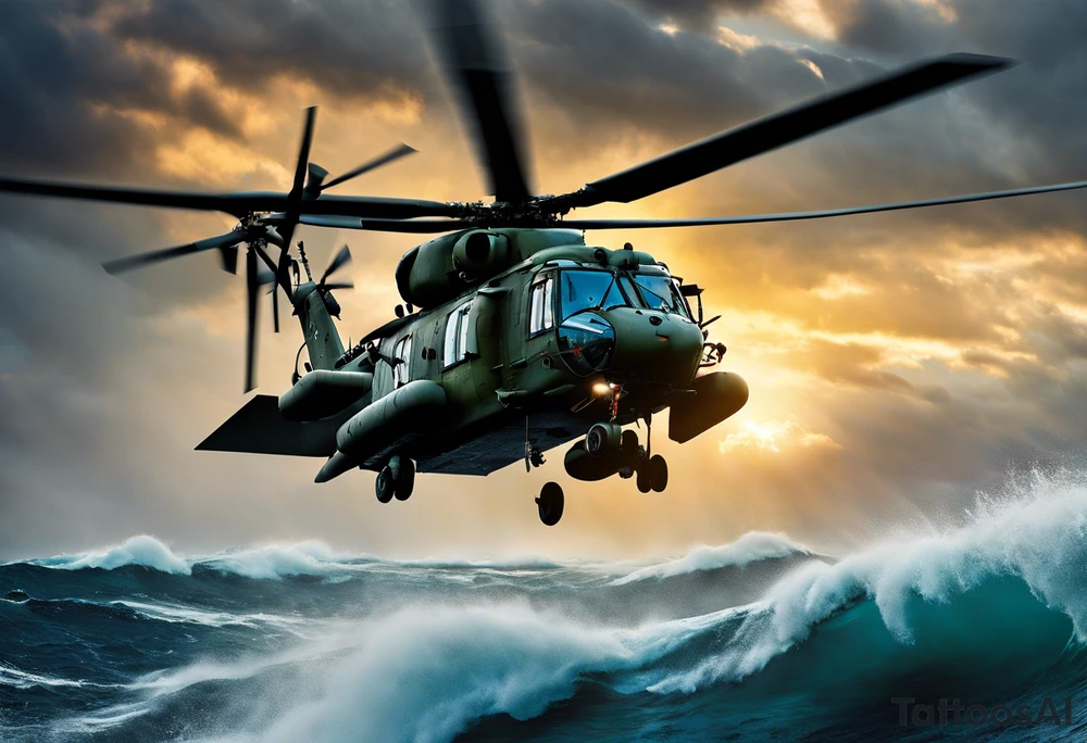 A cinematic-style tattoo depicting a Canadian military CH-148 Cyclone helicopter performing a daring maneuver over a turbulent ocean. The sky should be filled with dramatic clouds, and the sun should be setting, casting long shadows. The helicopter should be the main focus, with intricate details and a sense of motion. In the background, a poppy should be prominently displayed, and a quote from 'Lest We Forget' should be included, black and white tattoo idea