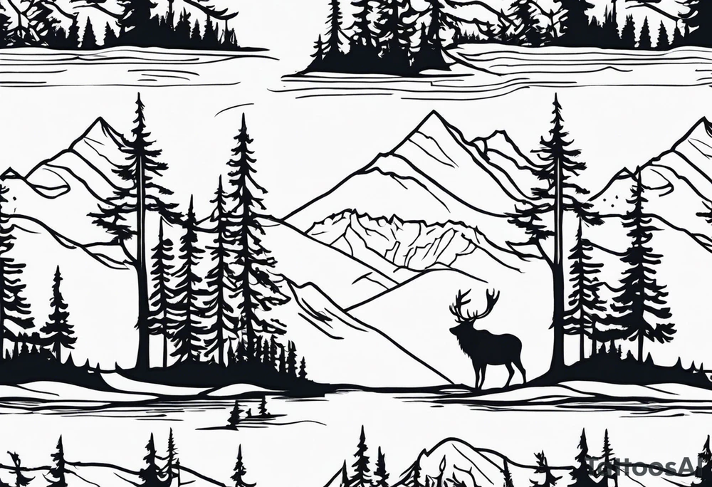 Elk water mountains rifle hunting trees birds deer bear tattoo idea