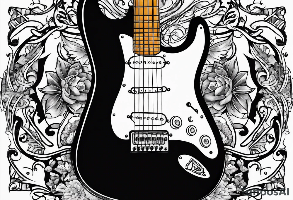 guitar with notes wrapped around it tattoo idea