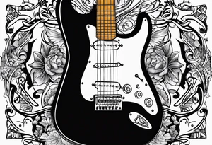 guitar with notes wrapped around it tattoo idea