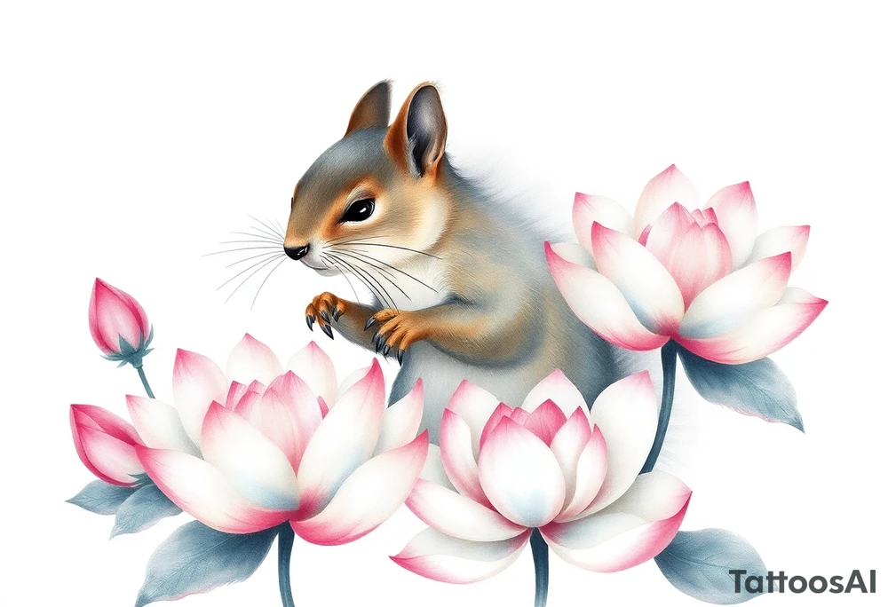 Fierce squirrel emerging blooming lotus flowers in mist tattoo idea