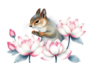 Fierce squirrel emerging blooming lotus flowers in mist tattoo idea