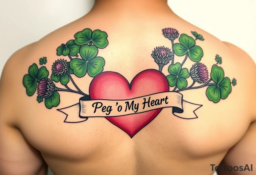 Bunch of Green shamrocks & a few purple thistles with a big pink heart and a banner across the heart that says " Peg 'o My Heart" tattoo idea