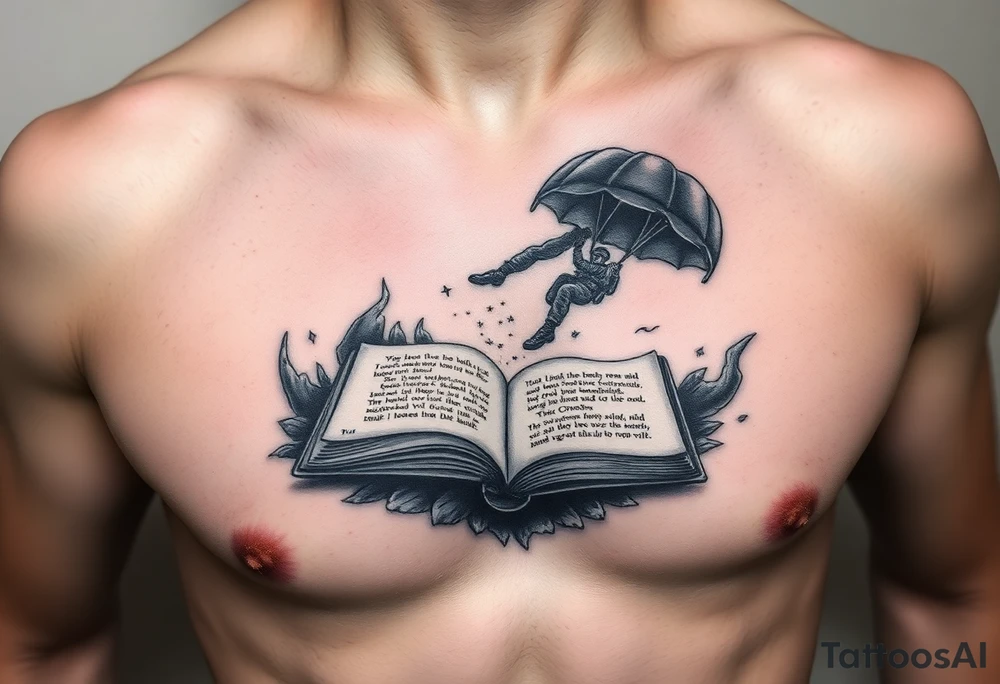A parachuting soldier landing into an open book. Chaos surrounding, but a sense of security inside the book. On the chest. book contains a quote. Make it smaller tattoo idea