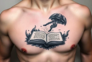 A parachuting soldier landing into an open book. Chaos surrounding, but a sense of security inside the book. On the chest. book contains a quote. Make it smaller tattoo idea