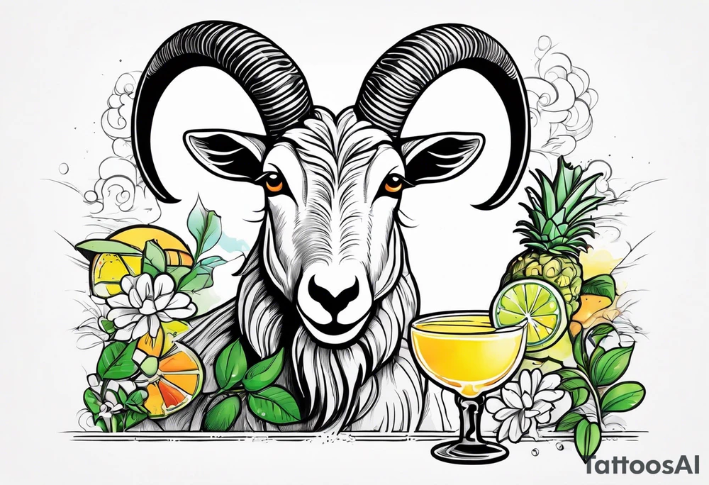 A sketch of a goat drinking a margarita tattoo idea