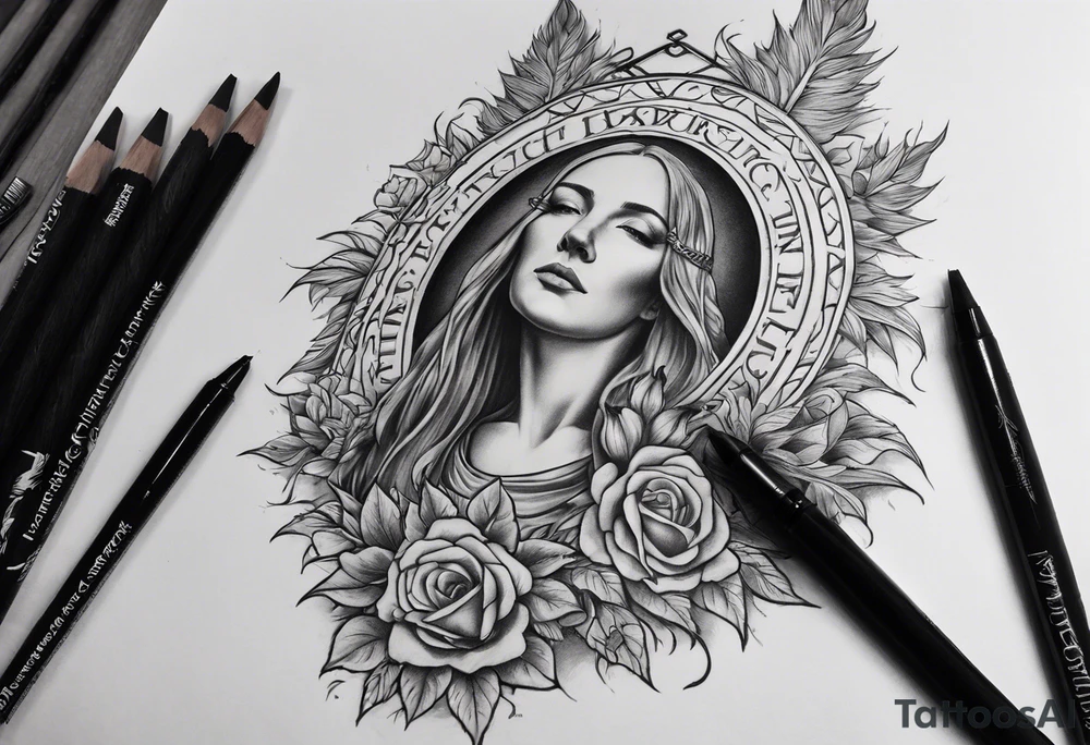 A full back piece themed on the surname mcbride. It should not have any faces in it. It should take inspiration from artwork of saint bridget holding fire in her hands. It should have the text Vincit Pericula Virtus on it tattoo idea