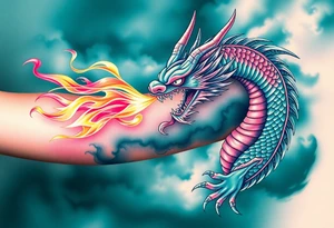 fierce dragon breathing iridescent fire against stormy skies green teal pink tattoo idea