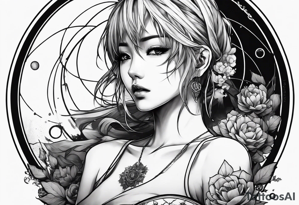 a bleeding anime girl sitting on a ball, and surrounded by a zen circle tattoo idea