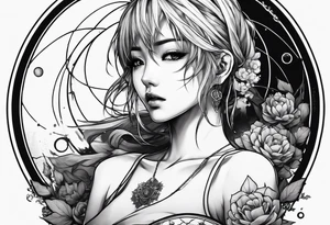 a bleeding anime girl sitting on a ball, and surrounded by a zen circle tattoo idea