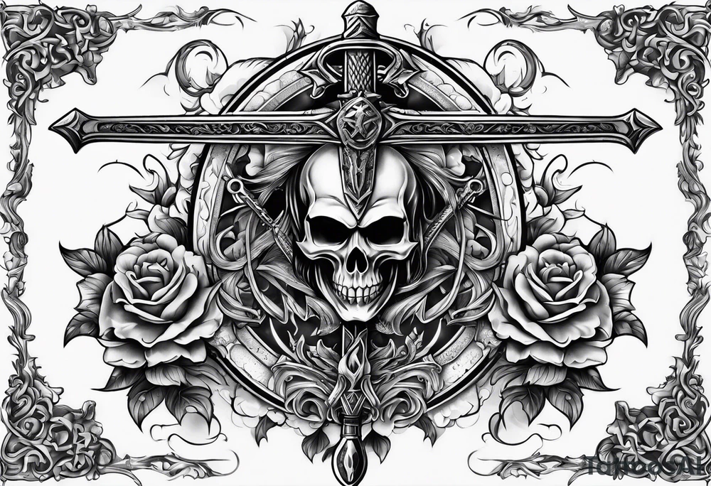 sword with satanic symbols tattoo idea