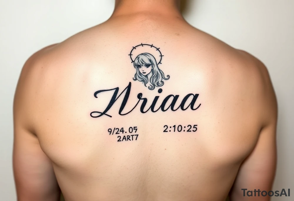 Love one tattoo with the name nriaa 9/24/05 death date 2/10/25 black lining, less shade in including a halo on thigh girl tattoo idea