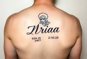 Love one tattoo with the name nriaa 9/24/05 death date 2/10/25 black lining, less shade in including a halo on thigh girl tattoo idea