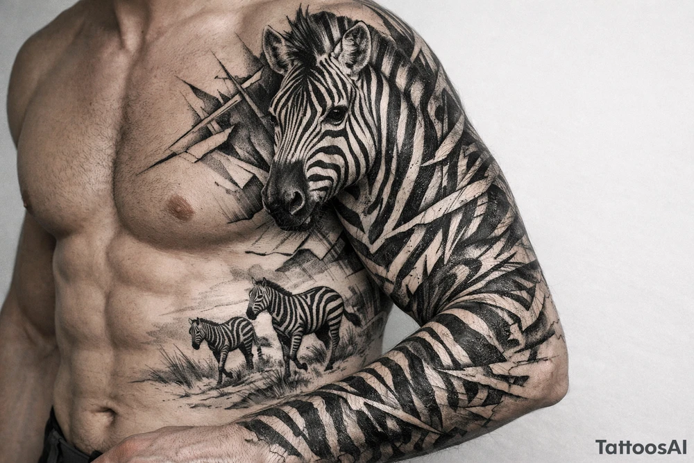 Realistic zebra across chest onto arm tattoo idea