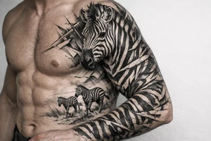 Realistic zebra across chest onto arm tattoo idea