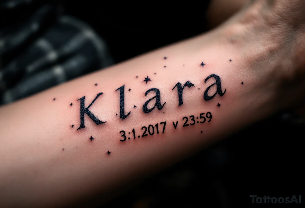 Star constellation style layout spelling "Klára – 3.1.2017 v 23:59", with subtle midnight blue dots. tattoo idea