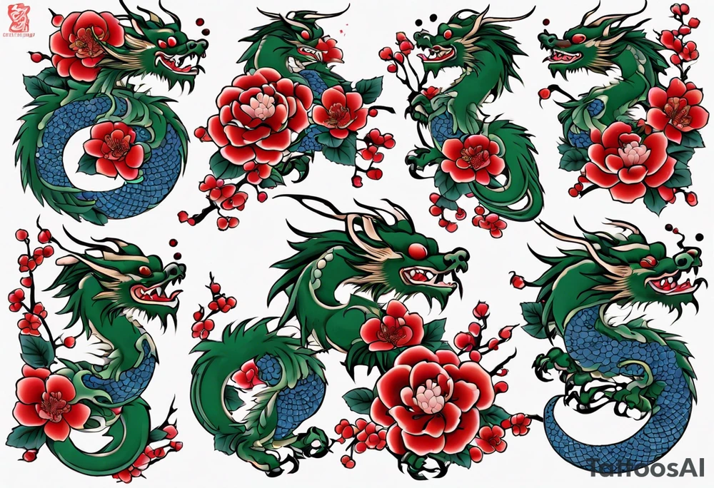 Japanese floral cherry blossom and irezumi back ground in filler for a green traditional Chinese dragon and great waves and red rose and blue butterfly tattoo tattoo idea