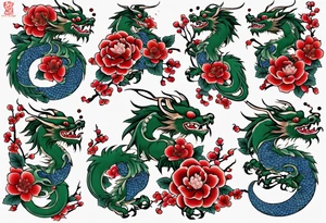 Japanese floral cherry blossom and irezumi back ground in filler for a green traditional Chinese dragon and great waves and red rose and blue butterfly tattoo tattoo idea