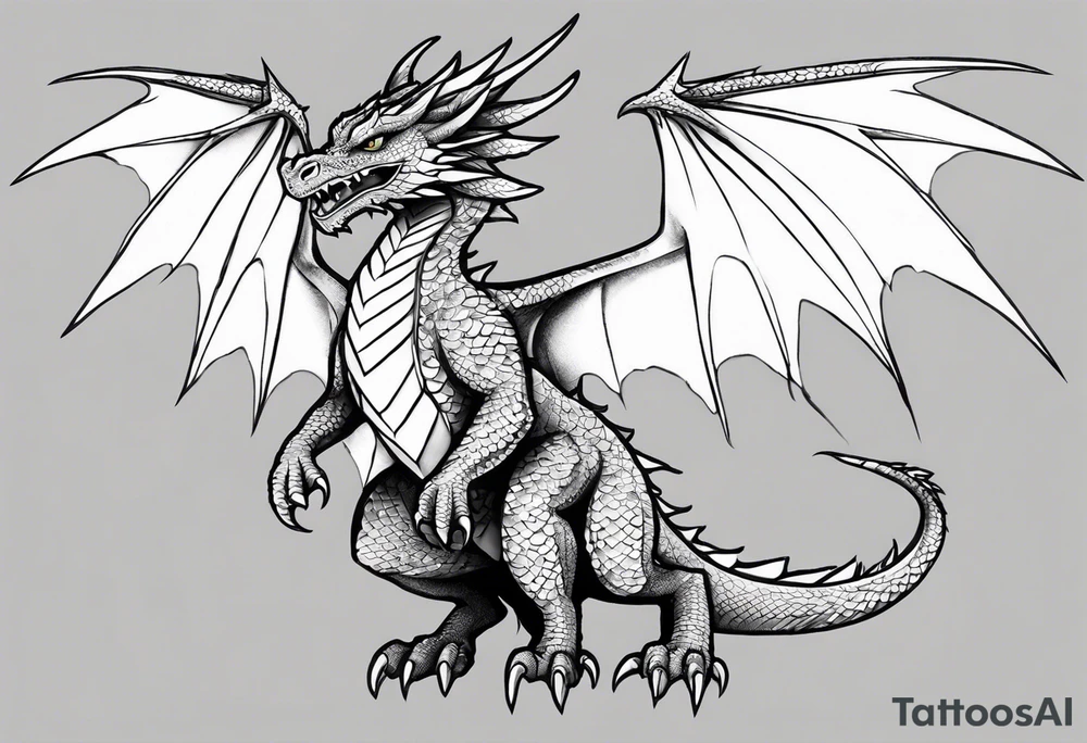 Symmetrical, Realistic dragon, facing forward. With both wings spread out. Torn look to wings. Tails wraps down and has a morning star weapon at the end of tail. The tattoo would be suitable for the centre of a chest tattoo idea
