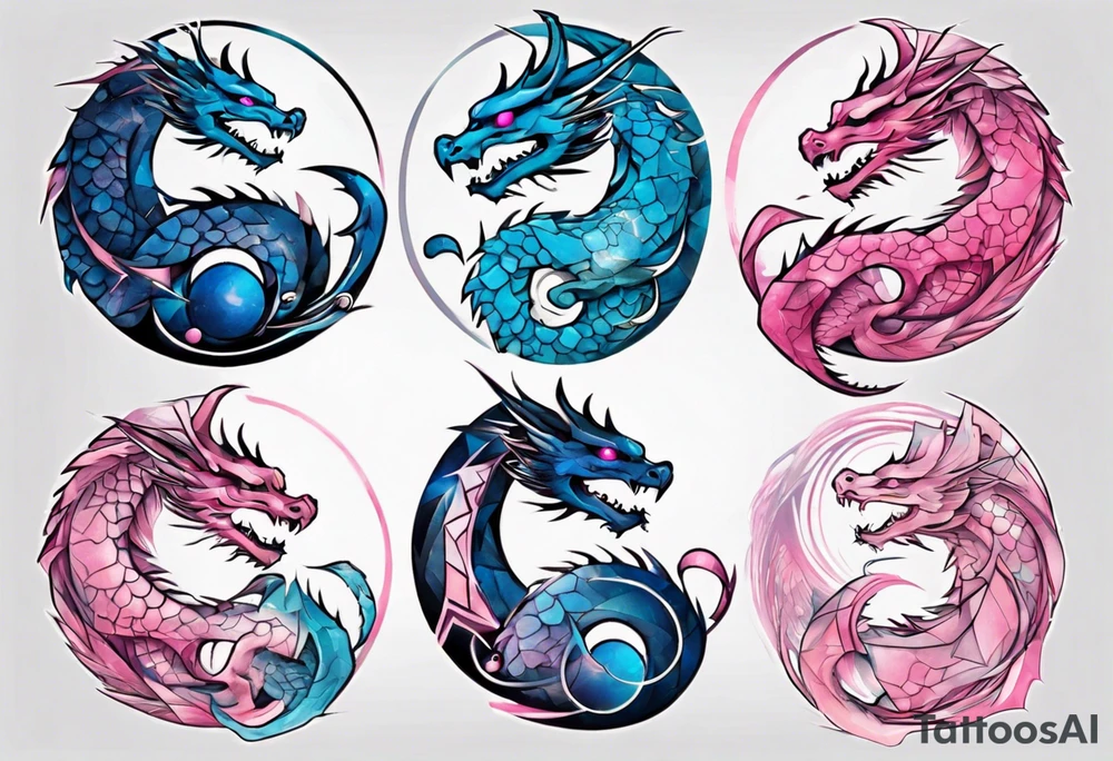 ying yang dragon stones blue & pink tattoo idea