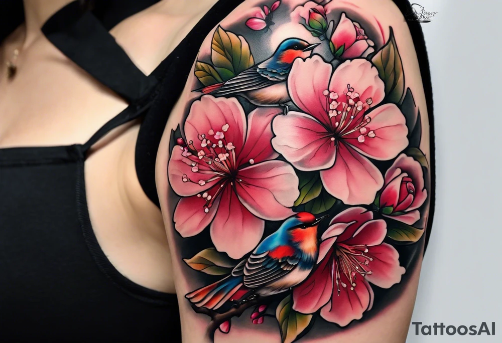 Memorial tattoo Japanese cherry blossom with birds, butterflies and rose on the forearm tattoo idea