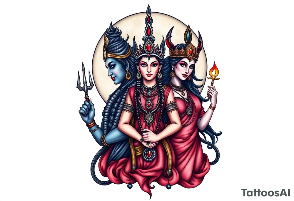 Lord Shiva, Godess Kali, Godess Lilith Together with the moon in the background tattoo idea