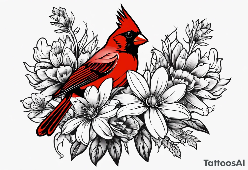 Aster flowers and sea rocket flowers with a cardinal around the words Dad tattoo idea