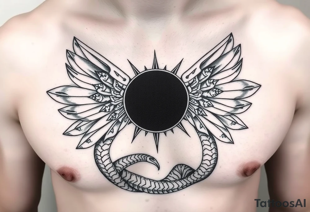 Ra en eclipse
Cabeza de halcón de Ra (dios del sol) con el disco solar eclipsado por una luna negra o una serpiente.

Sus alas extendidas como pechera que cruza el torso. tattoo idea