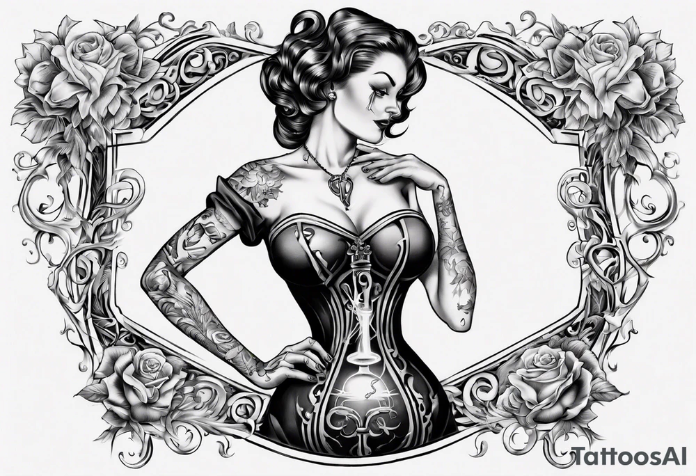 lots of filagree on the chest going onto the shoulder. include an hour glass tattoo idea