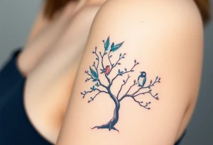 A delicate tree with tiny birds flying from its branches, representing the growth and independence of each family member tattoo idea