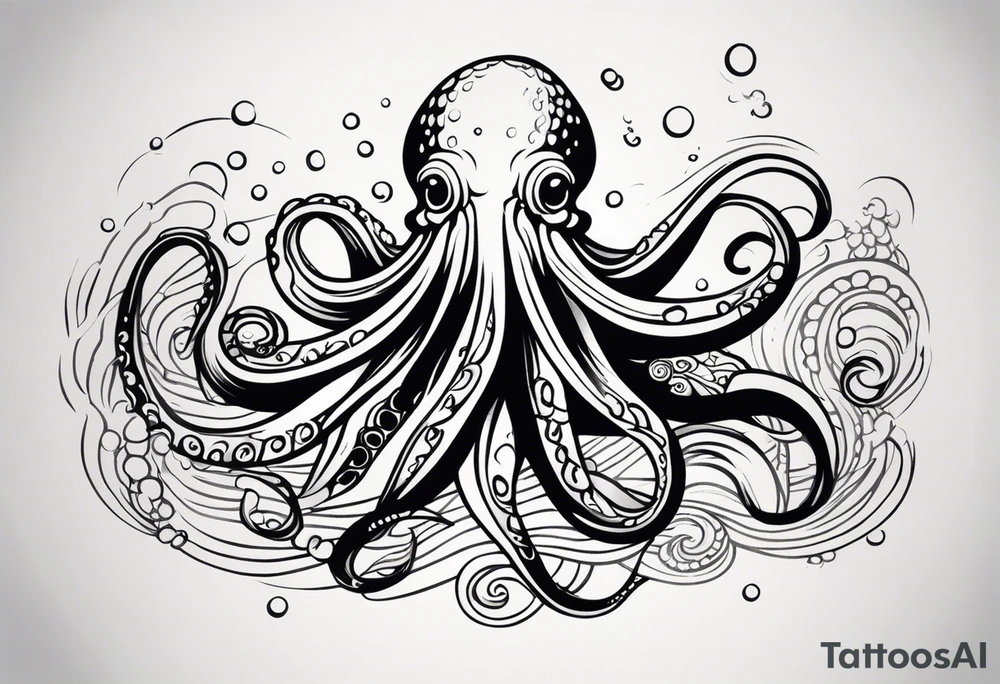 Tribal half sleeve. octopus surrounded by ribbons of water waves filled with fish. the octopus has small eyes. Use thick lines only with less detail. tattoo idea