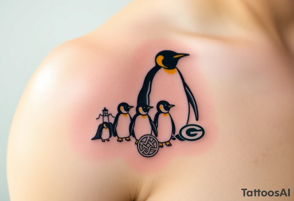 compilation outlining important things in my life such as one adult emperor penguin and 3 baby penguins, celtic trinity knot, lighthouse, mountains/nature, the green bay packers, and something to represent my 3 boys tattoo idea