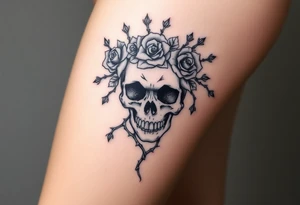 ornate skull adorned with crown of wild roses and thorns tattoo idea