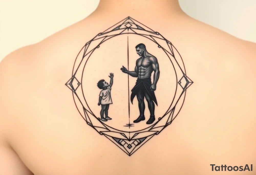 Geometric mirror portal tattoo, Art Deco frame mixed with sacred geometry, dual reflection showing silhouette of small child reaching upward on one side and strong adult figure on opposite side, abstract representation using shapes and shadows - child side has curved soft lines, adult side has sharp angular lines, dotwork and linework combination, black and grey, vertical design for upper arm tattoo idea