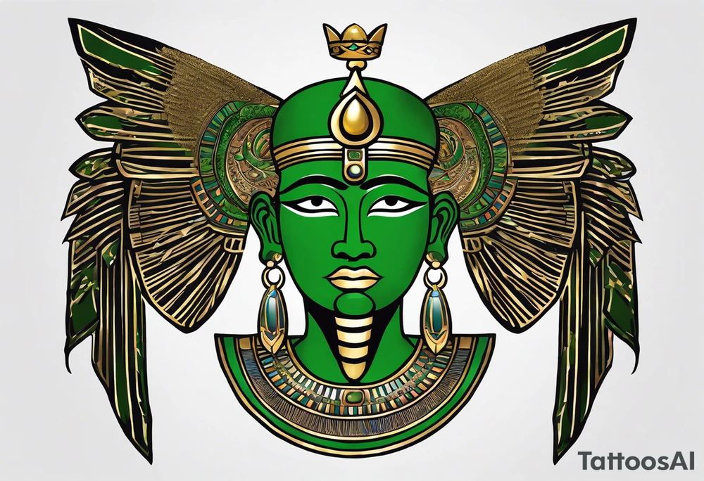 The tattoo represents Osiris, the god of the afterlife and resurrection, with his iconic green skin and traditional attire. His body is wrapped in a detailed shroud, and he is depicted with the Atef crown, featuring the white crown of Upper Egypt flanked by two feathers. His eyes are serene yet powerful, reflecting his role as the judge of the dead. The detailed texture of his skin and attire, along with realistic shadows and highlights, accentuate Osiris’s divine and otherworldly presence. tattoo idea