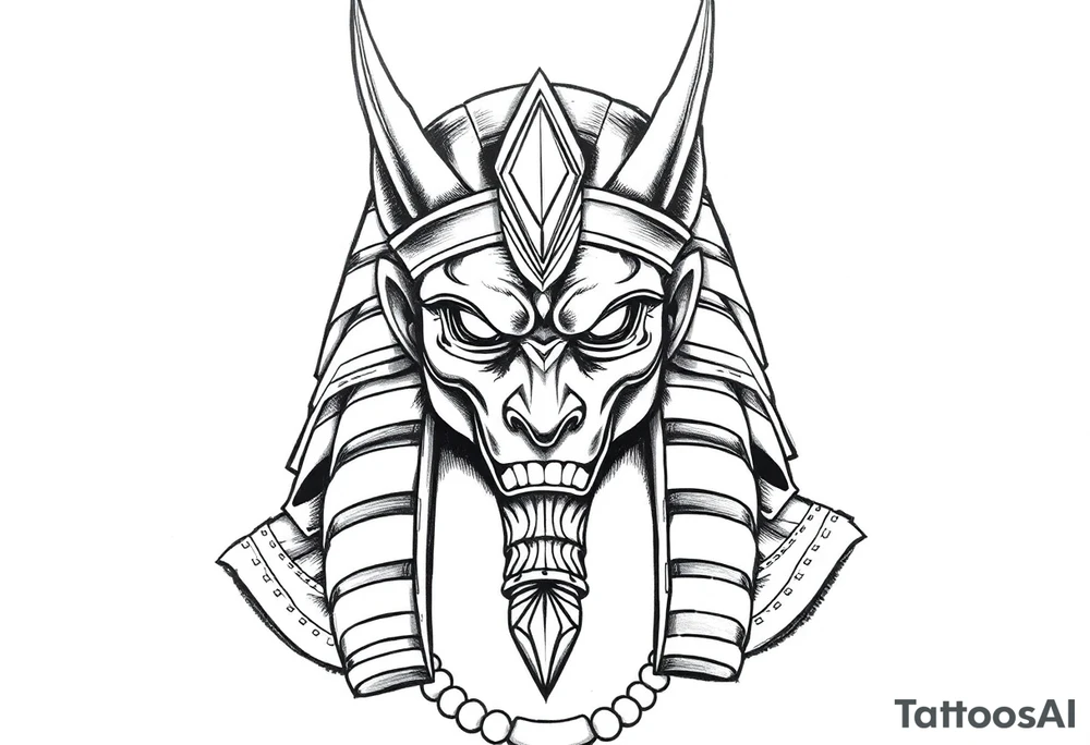 powerful majestic square muscle anubis Egyptian god face mix with joker
without eyes with mantle on head tattoo idea