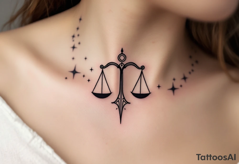 The Libra symbol in bold black anchors a silver-ink star path that arcs along the collarbone. tattoo idea