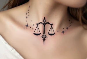 The Libra symbol in bold black anchors a silver-ink star path that arcs along the collarbone. tattoo idea