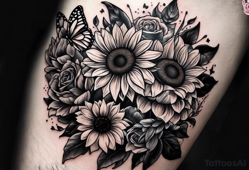 Arm sleeve with sunflowers and butterflies tattoo idea