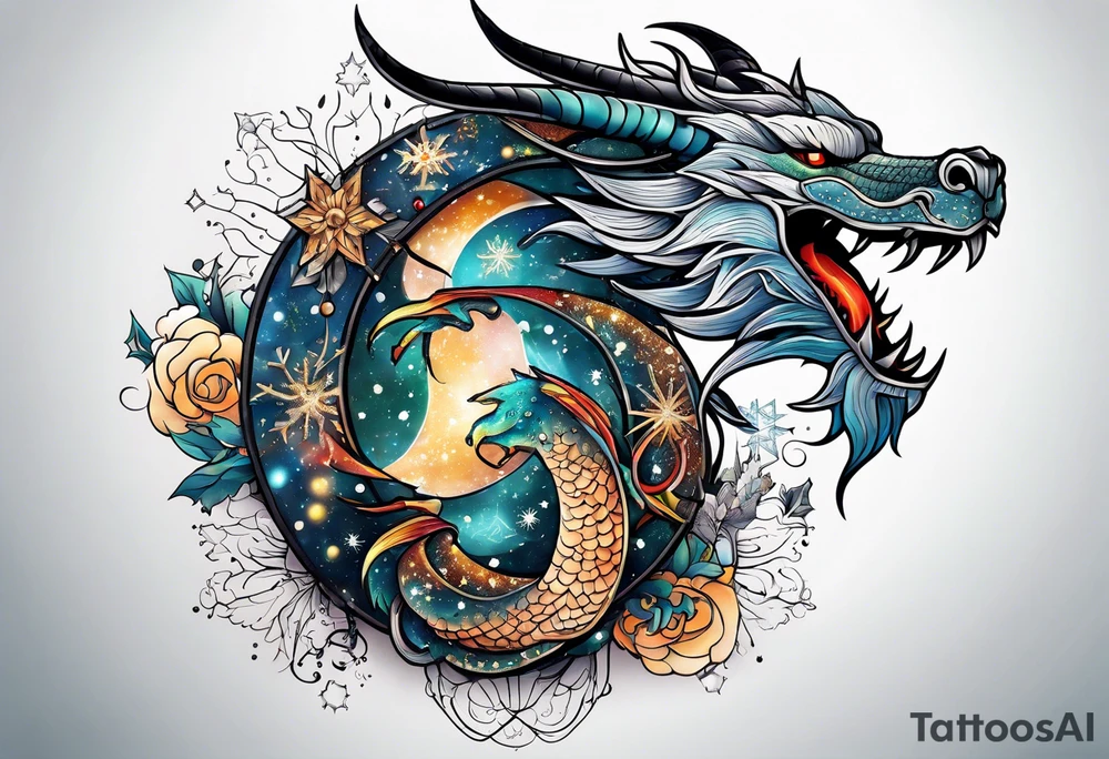 Constellation, dragon,snowflake tattoo idea