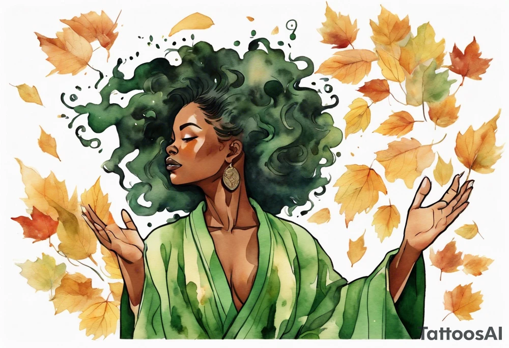 a tree that sprouts into a beautiful black woman wearing a green robe, arms reaching up towards the sun blazing in the sky, autumn leaves in her hair tattoo idea