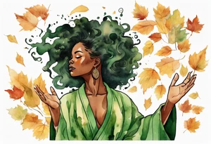 a tree that sprouts into a beautiful black woman wearing a green robe, arms reaching up towards the sun blazing in the sky, autumn leaves in her hair tattoo idea