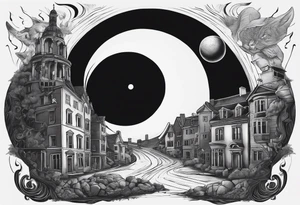 a black hole centered, with historical buildings surrounding it in chronological order, with schrodinger's cat depicted as sisyphus pushing a boulder tattoo idea