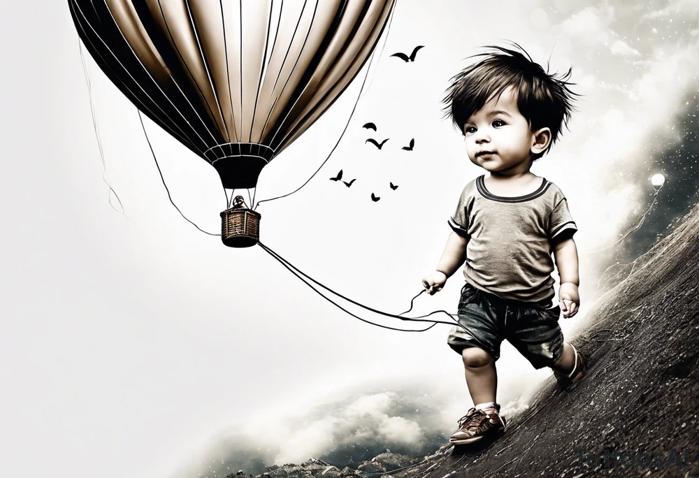 tatoo in little boy holding a string to the earth shaped baloon.
boy should be drawed from behinfd anhas one hand reaching up in 45 degree angle and holding the baloon string
the string has a big wave in like a hearbeat pulse on it.
hearth party baloon is tattoo idea