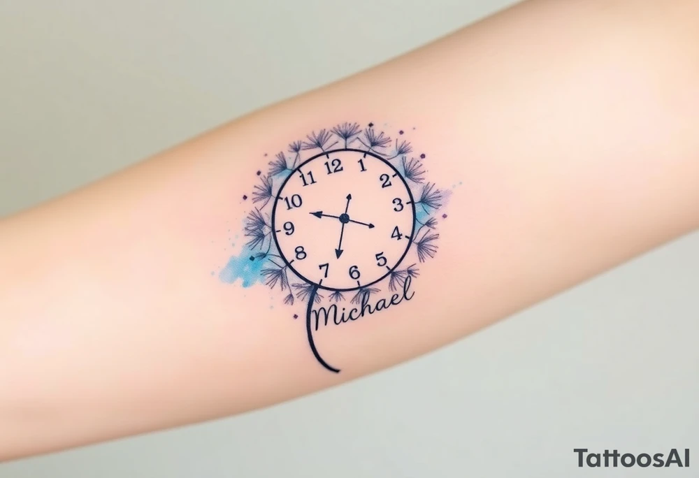 A watercolor-styled dandelion styled as a clock with date 13. 07. 2019 and name "Michael", representing fleeting time and new beginnings, in pastel blues and purples tattoo idea