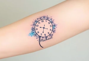 A watercolor-styled dandelion styled as a clock with date 13. 07. 2019 and name "Michael", representing fleeting time and new beginnings, in pastel blues and purples tattoo idea